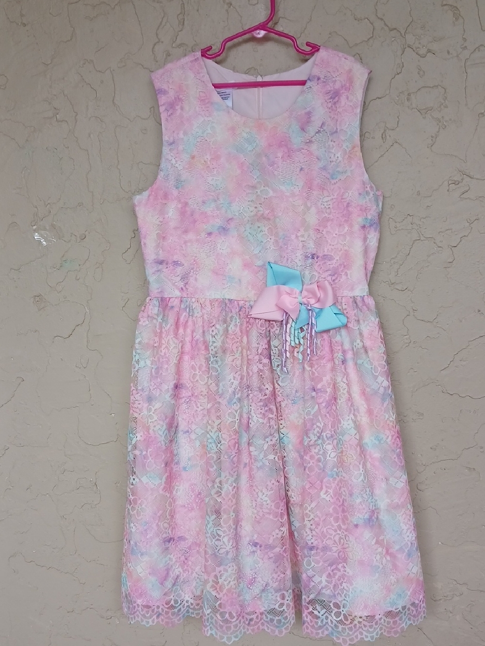 Bonnie Jean Pastel Lace Dress with Pink and Blue Bow